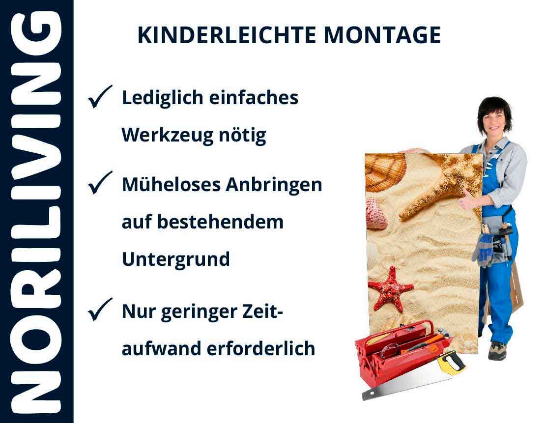 Werbung für Noriliving mit einfacher Montageanleitung: Lediglich einfaches Werkzeug nötig, müheloses Anbringen auf bestehendem Untergrund, geringer Zeitaufwand erforderlich. Frau mit Werkzeug hält dekorative Platte.