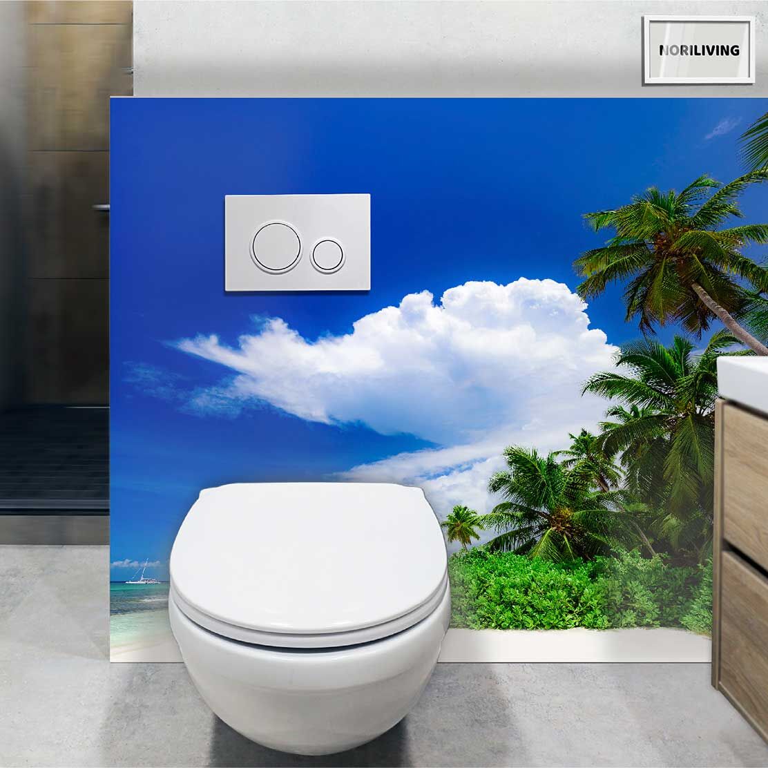 im WC eingebaute Toilettenrückwand mit Motiv Tropischer Strand mit Palmen 619