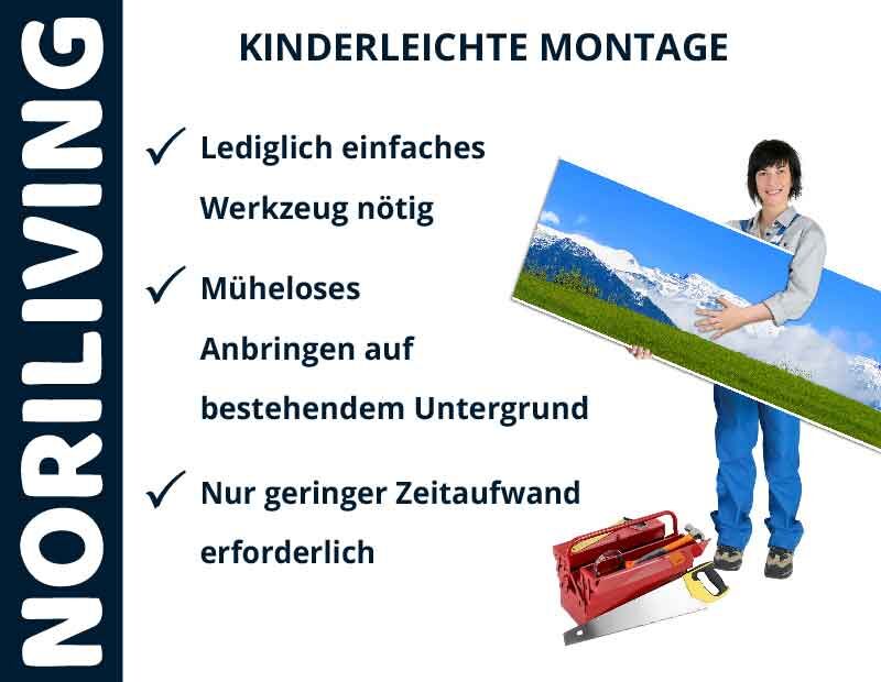 Frau hält Bild einer Landschaft, Text erklärt einfache Montage mit wenig Werkzeug von NORILIVING
