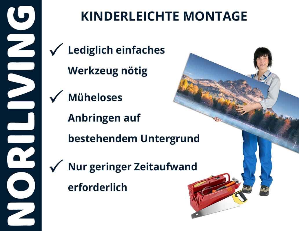 Person hält ein Landschaftsbild, daneben einfache Werkzeuge. Text: NORILIVING, Kinderleichte Montage, Lediglich einfaches Werkzeug nötig, Müheloses Anbringen auf bestehendem Untergrund, Nur geringer Zeitaufwand erforderlich.