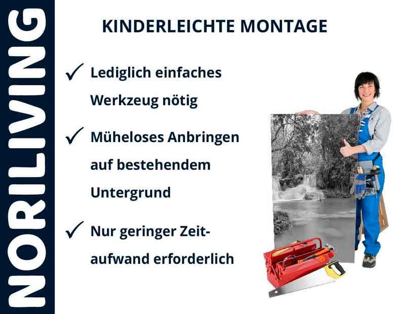 Plakat von NORILIVING zeigt kinderleichte Montage mit einfacher Werkzeugtasche und fröhlicher Person, die ein Bild hochhält.