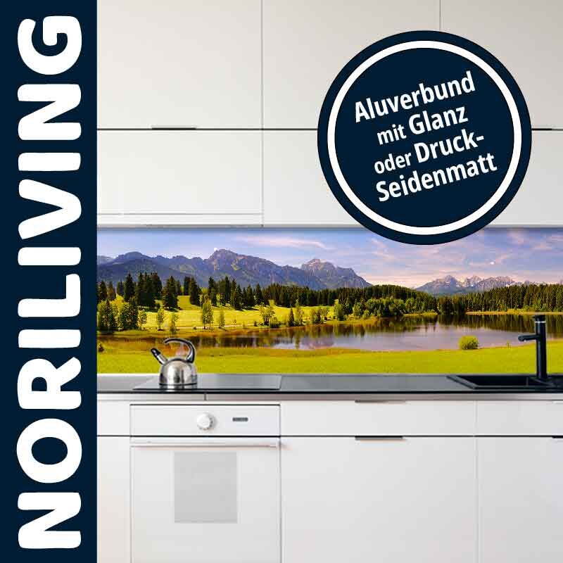 Helle Küche mit Aluverbund-Rückwand und Alpenmotiv von Noriliving
