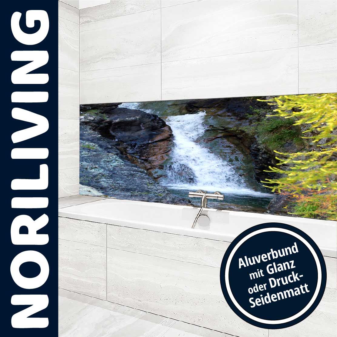 Ansicht des Badrückwand-Motivs Wasserfall in den italienischen Dolomiten 744 Oberkante