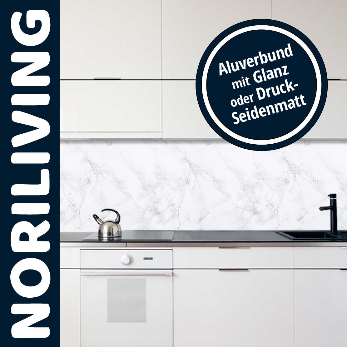 Küchenansicht mit heller Aluverbundrückwand und glänzender Arbeitsplatte