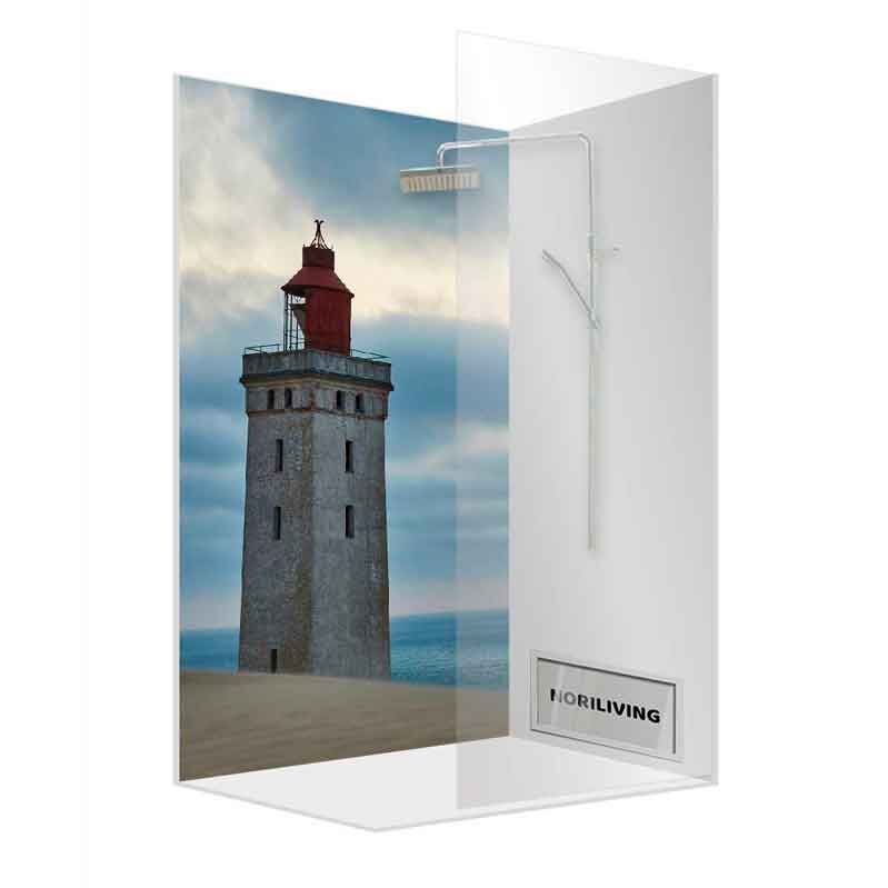 Moderne Duschkabine mit maritimem Leuchtturm-Design auf Glaswand