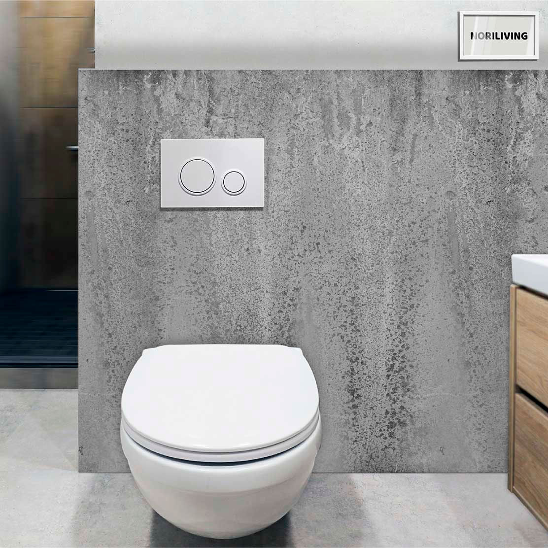 im WC eingebaute Toilettenrückwand mit Motiv Natur - Beton hellgrau 913a schwarz-weiß