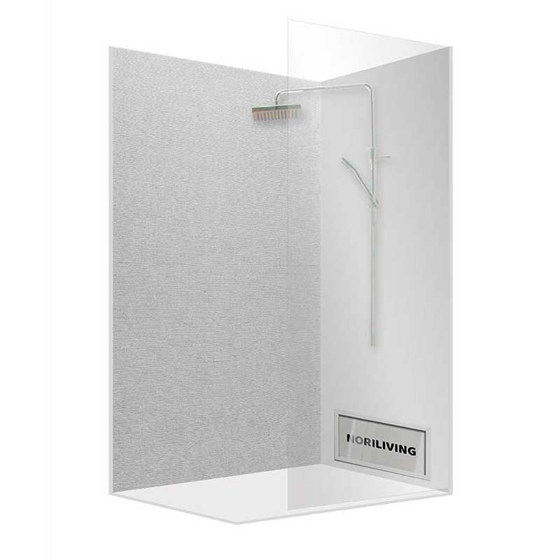 Duschkabine aus Glas mit Steinoptik-Wandverkleidung und Regenbrause
