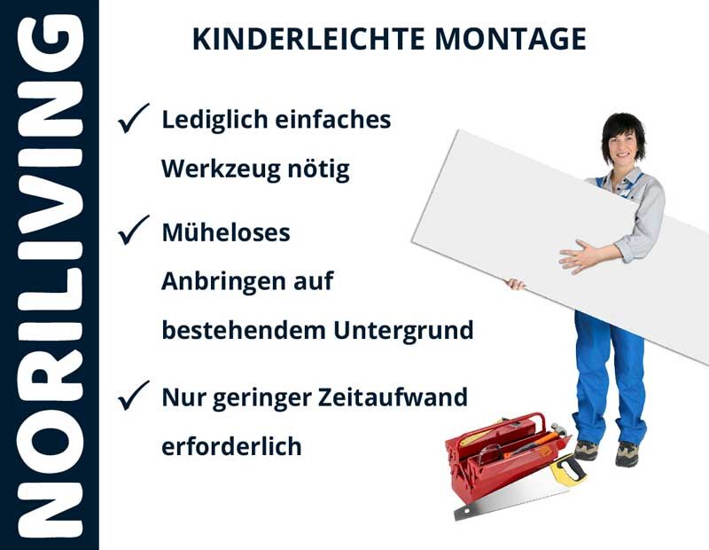 Frau präsentiert NORILIVING-Produkte mit einfacher Montage und minimalem Aufwand