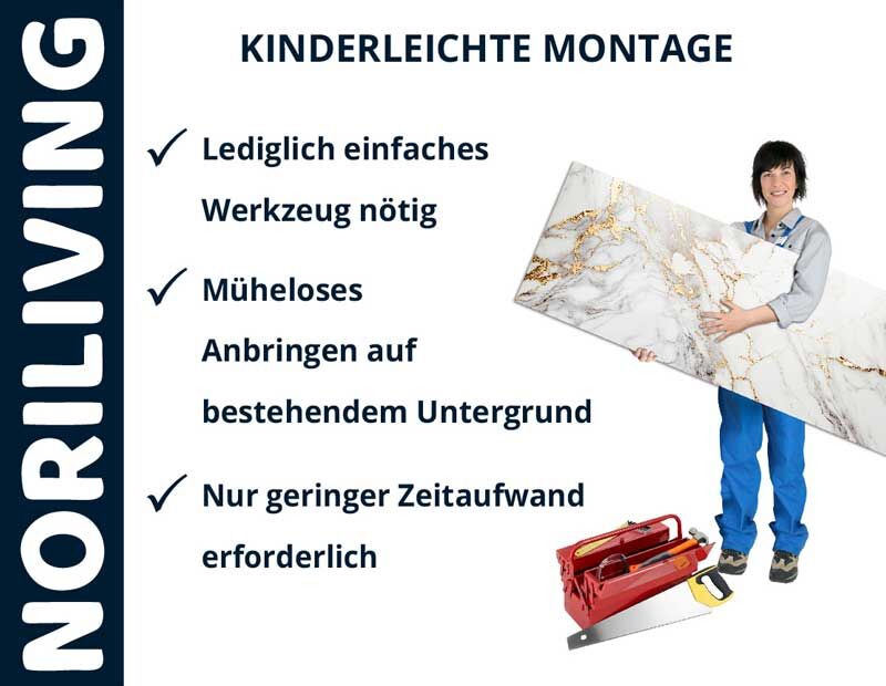 Person hält leicht zu montierendes Wandpaneel von Noriliving mit Werkzeug im Vordergrund. Anleitung zur einfachen Installation ohne speziellen Aufwand.