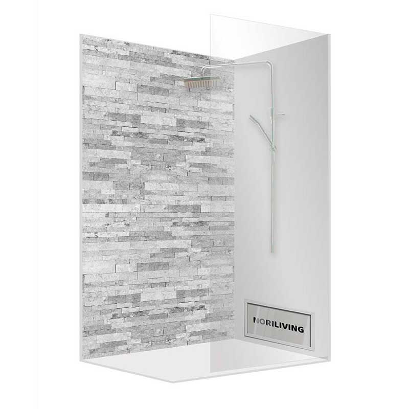 Dusche mit Glaswand, Regenduschkopf und Steinoptik-Wandpaneel in einem modernen Design