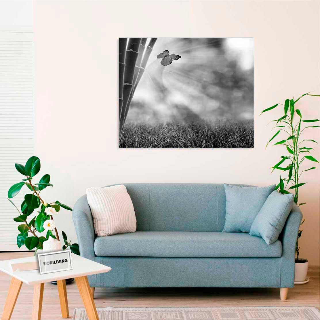 Wandbild über dem Sofa mit Motiv Wiese mit Bambus und Schmetterling 461 schwarz-weiß