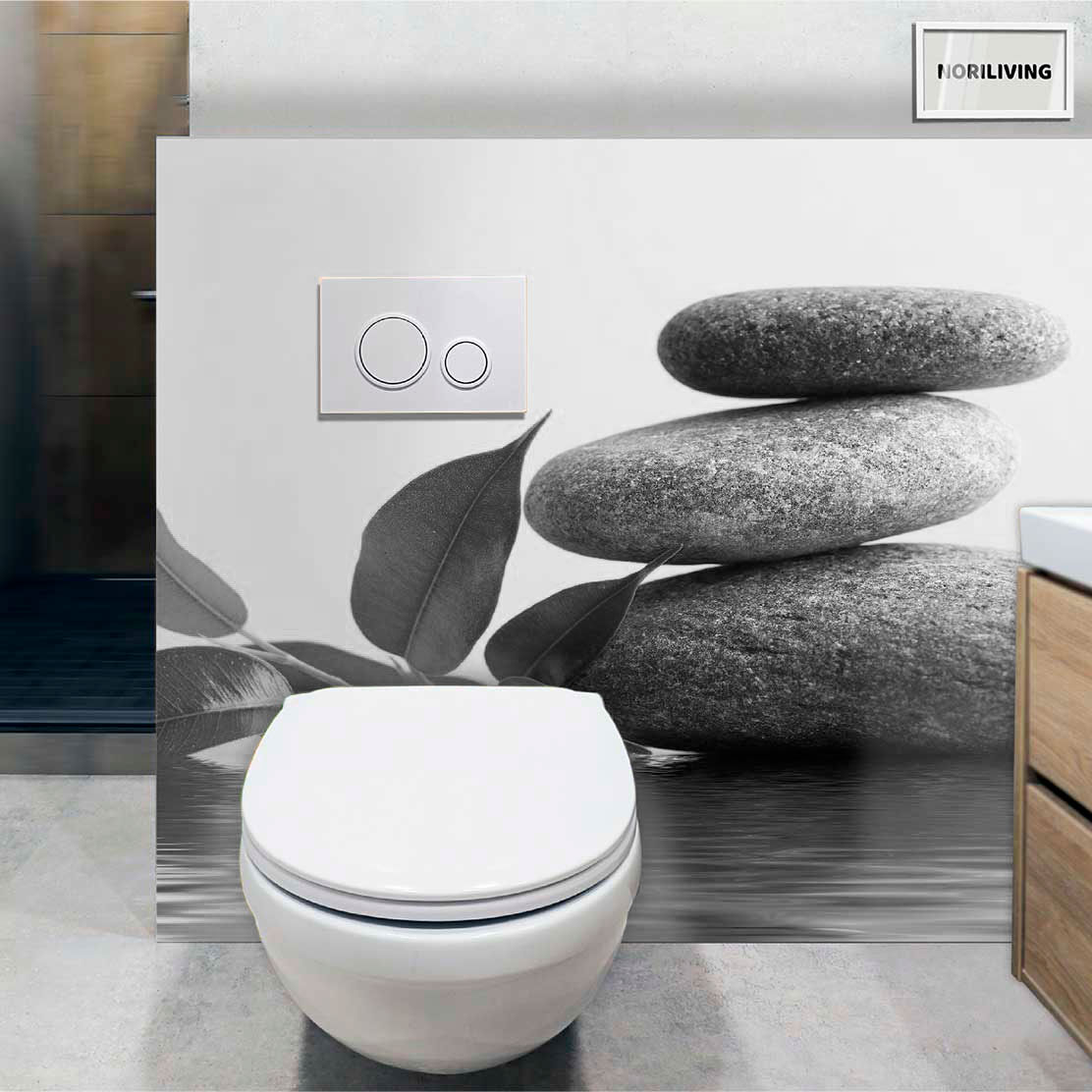 im WC eingebaute Toilettenrückwand mit Motiv Zen Steine 483 schwarz-weiß