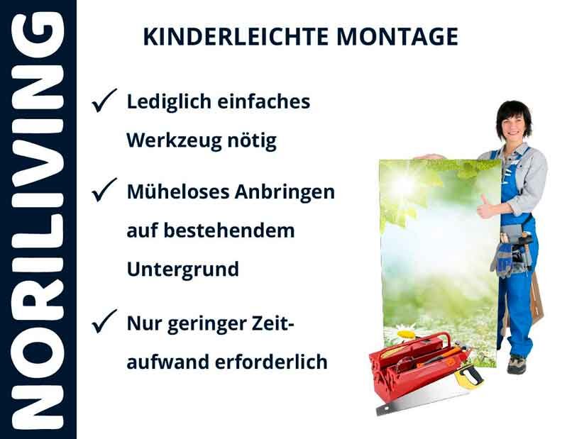 Fachkraft präsentiert einfache Montage von Noriliving-Produkten mit minimalem Werkzeugeinsatz.