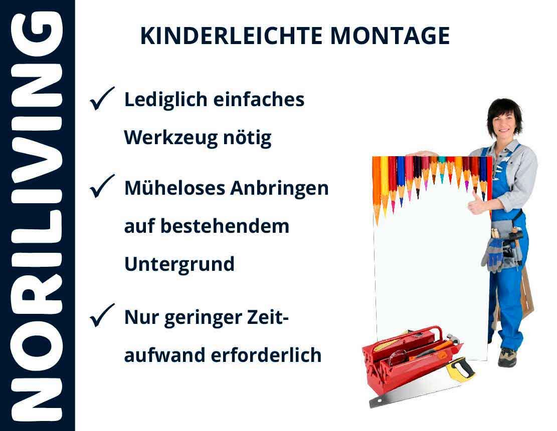 Mann in Arbeitskleidung präsentiert einfache Montageanleitung mit Werkzeugen. Text: Einfache Montage mit minimalem Werkzeugaufwand.