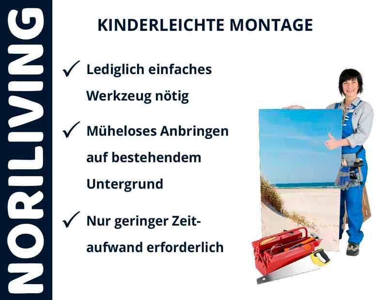 Person in Arbeitskleidung neben einem Strandbild mit Werkzeug, Text: 'Kinderleichte Montage - Lediglich einfaches Werkzeug nötig, Müheloses Anbringen auf bestehendem Untergrund, Nur geringer Zeitaufwand erforderlich.'