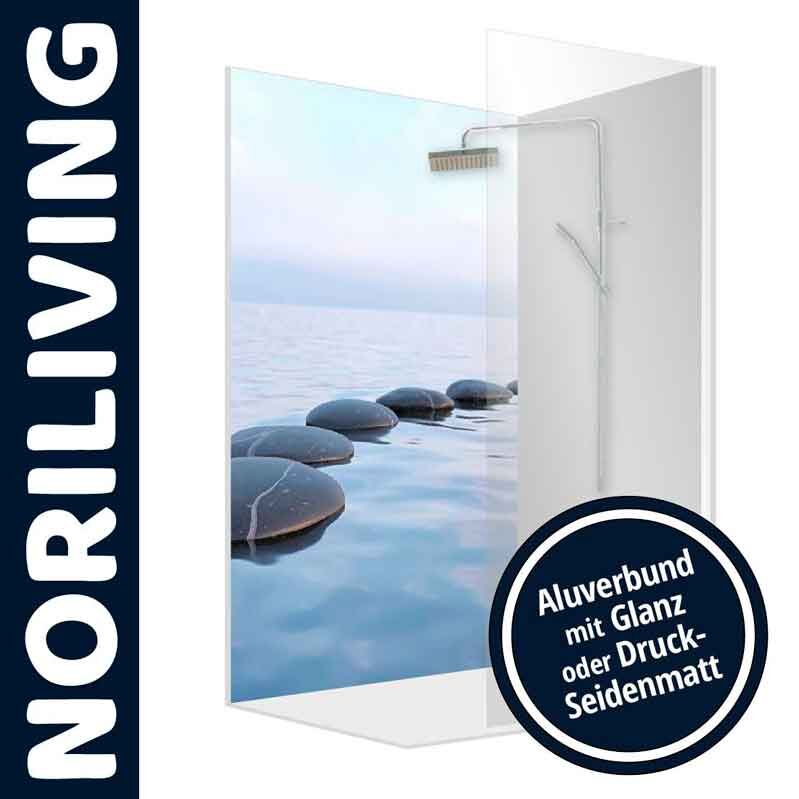 Duschwand von NORILIVING mit Steinmotiv und Optionen Aluverbund Glanz oder Druck-Seidenmatt