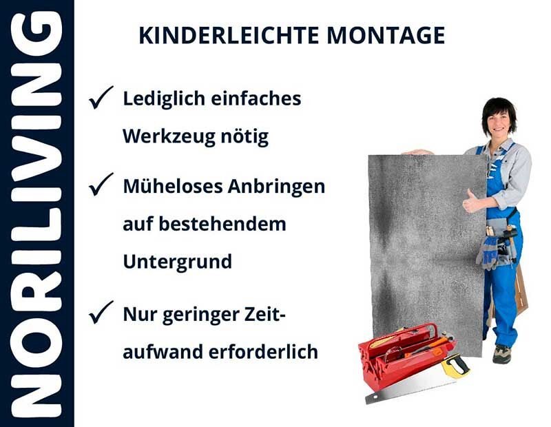 Person in Arbeitskleidung zeigt einfache Montageanleitung für NORILIVING-Produkte
