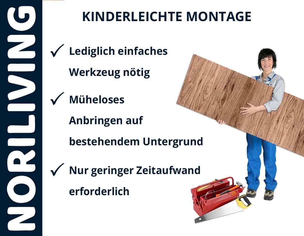 Werbung für Noriliving Produkte mit kinderleichter Montage: einfache Werkzeuge ausreichend, müheloses Anbringen auf bestehendem Untergrund, geringer Zeitaufwand.