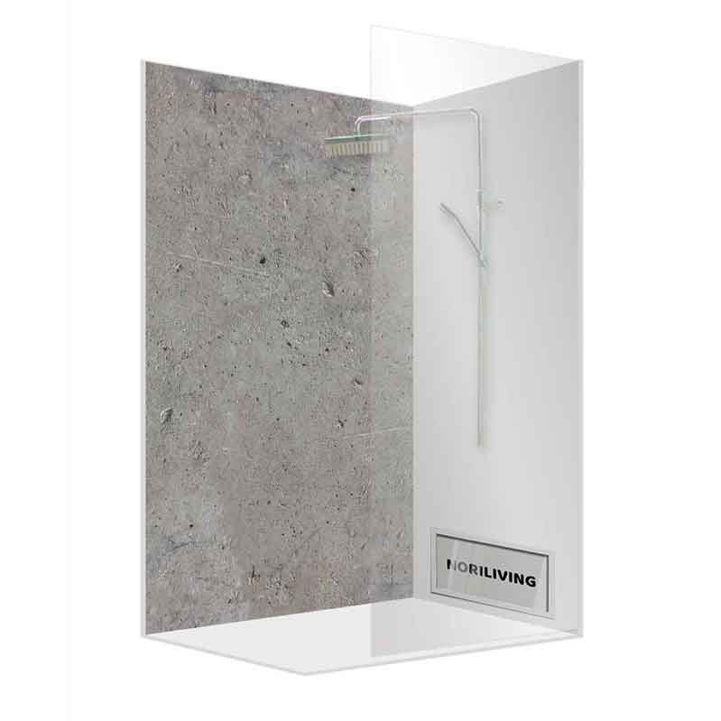 Dusche mit Glaswand und Betonoberfläche, modernes Design