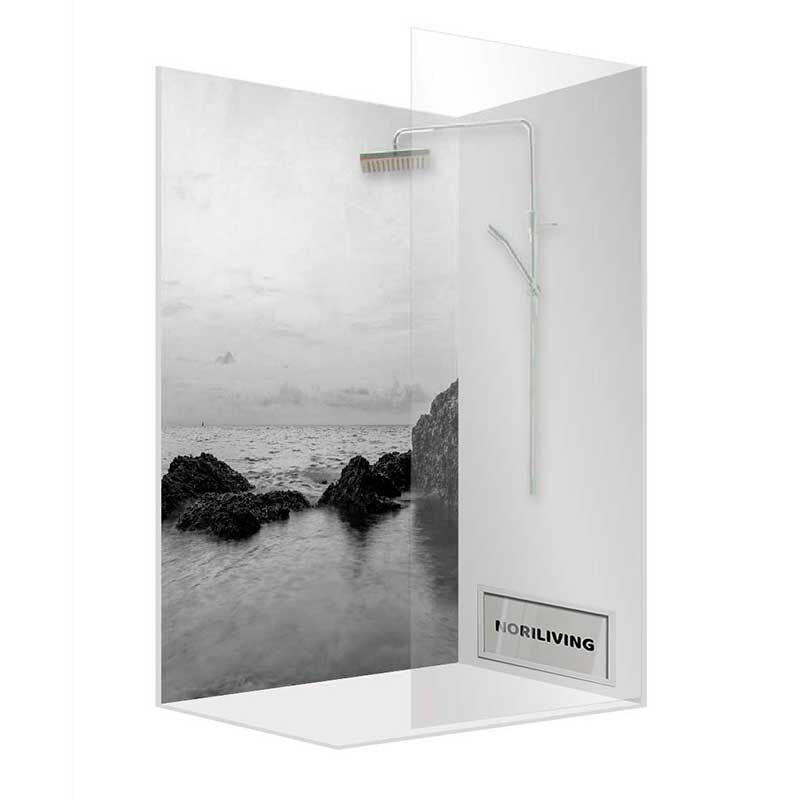 Elegante Duschkabine mit Meer- und Küstenbild auf der Rückwand