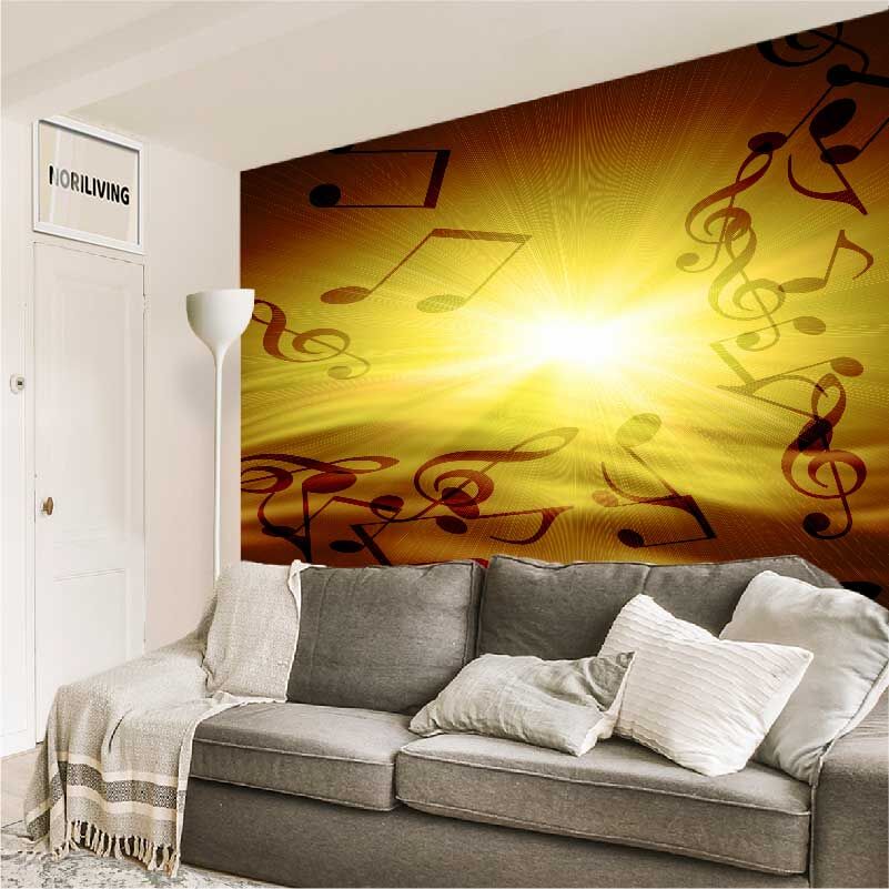 im Wohnzimmer eingebaute Wohnzimmerrückwand mit Motiv Musiknoten im Sonnenstrahl 489