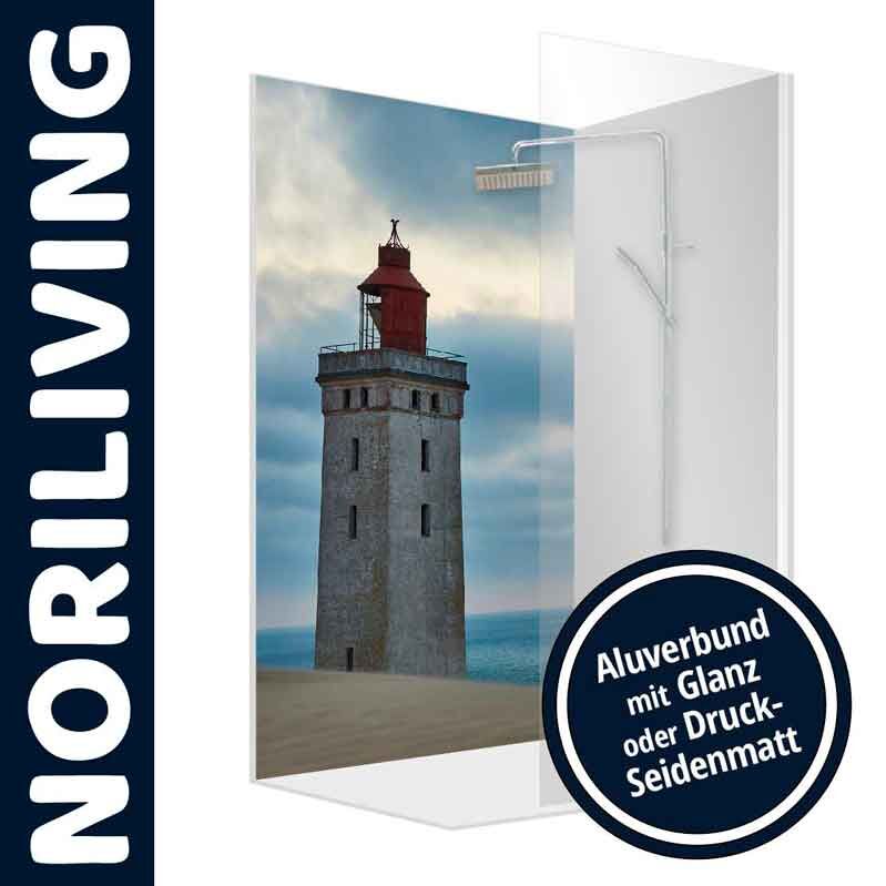 Duschwand aus Aluverbund mit Leuchtturm-Motiv im Glanz- oder Seidenmatt-Druck