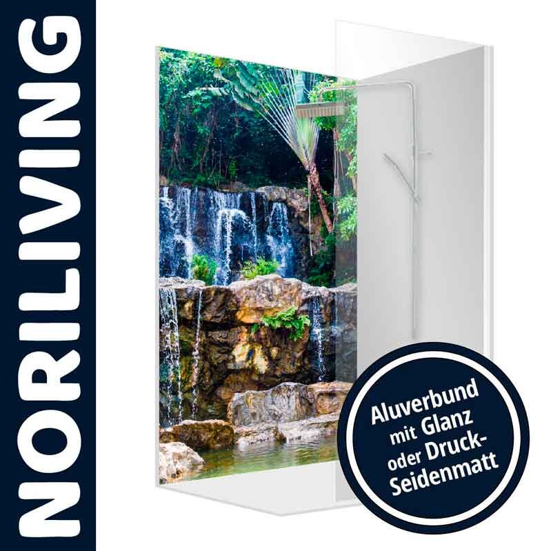 Dekoratives Aluverbund-Bild von NORILIVING mit eindrucksvollem Wasserfall-Motiv, erhältlich in Glanz oder Seidenmatt.