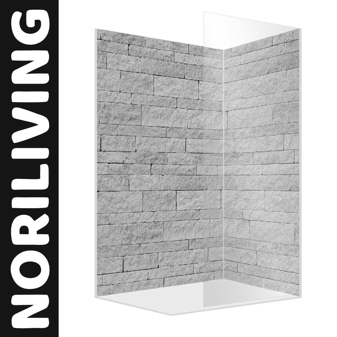 Abbildung einer Eck-Duschrückwand mit Motiv Steinwand beige - blau 430 schwarz-weiß