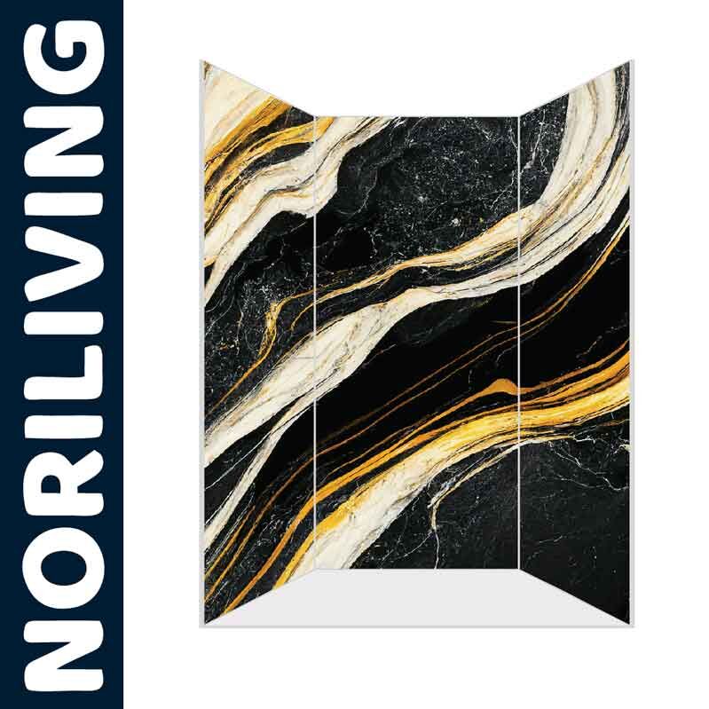 Raumteiler mit elegantem Marmordesign in Schwarz, Creme und Gold von Noriliving