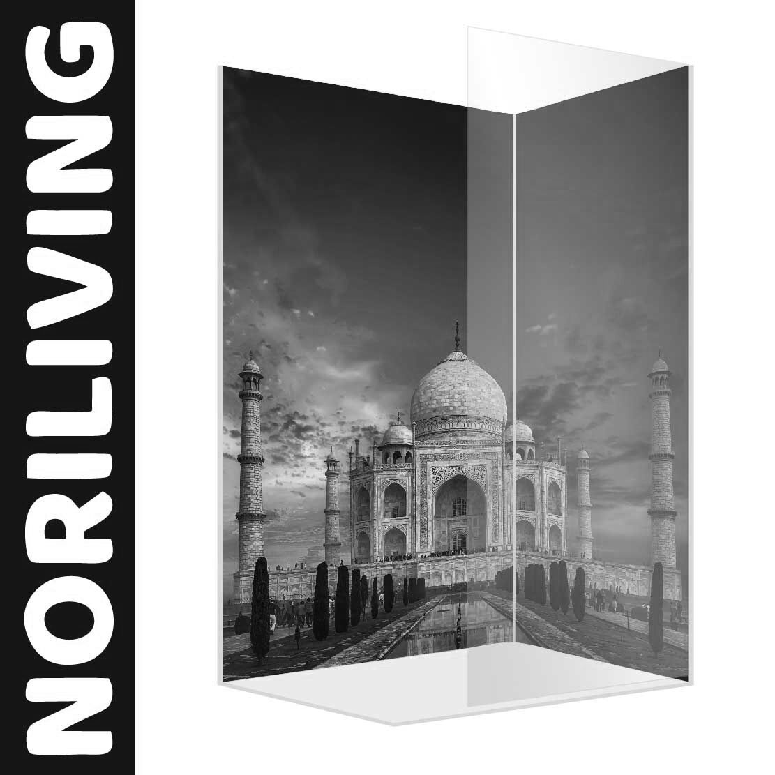 Abbildung einer Eck-Duschrückwand mit Motiv Taj Mahal in Indien 239 schwarz-weiß