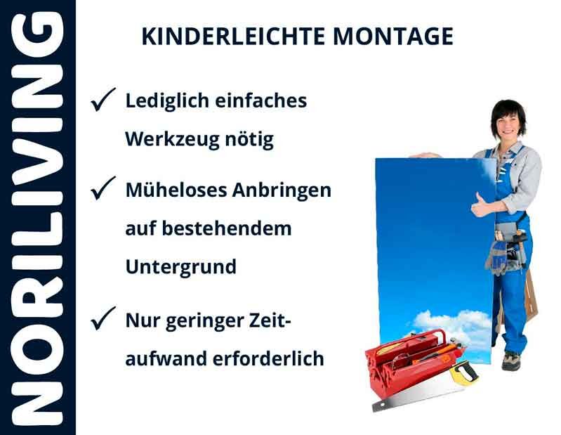 Frau präsentiert einfache Montageanleitung mit Werkzeug; müheloses Anbringen und geringer Zeitaufwand von Noriliving