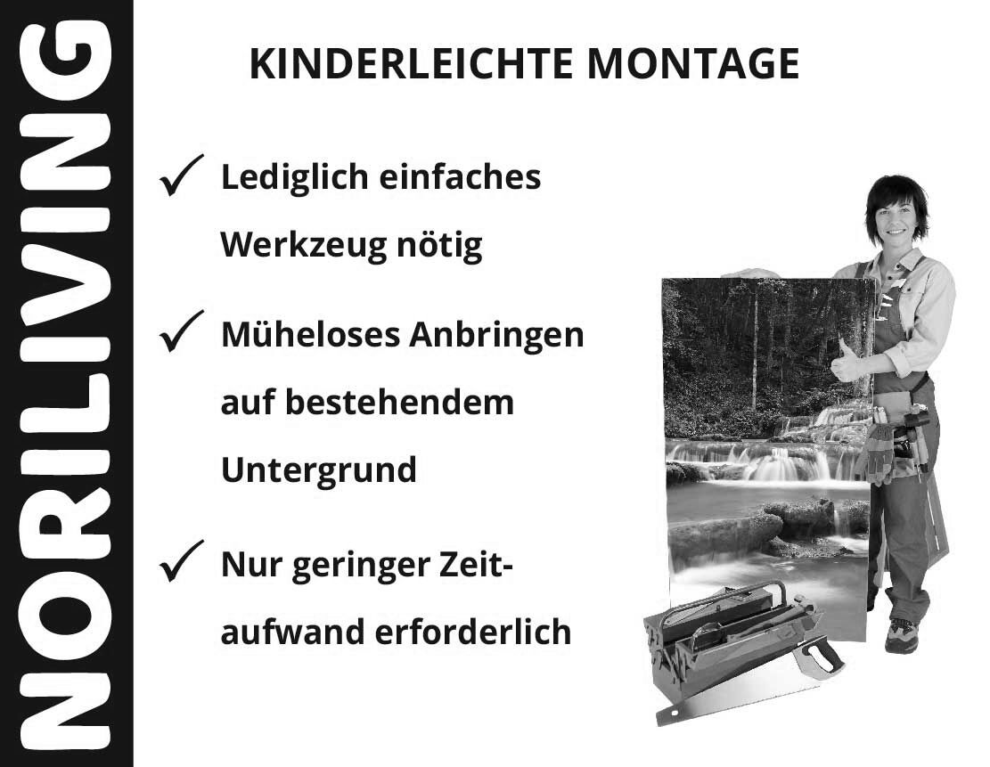 NORILIVING-Poster: Einfaches Anbringen mit wenig Werkzeug und Aufwand, Frau zeigt die Leichtigkeit der Montage.