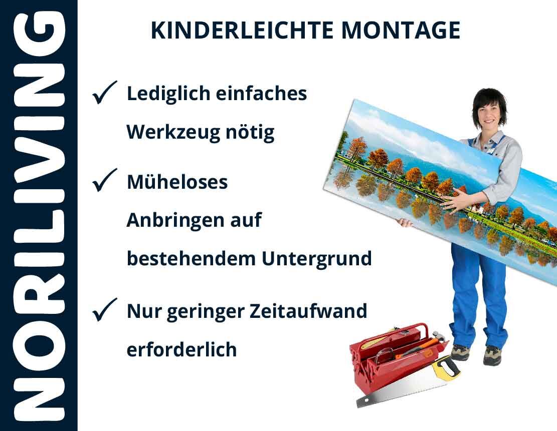 Person hält ein Bild mit Montagezubehör, Text: 'Kinderleichte Montage - Einfaches Werkzeug, müheloses Anbringen, geringer Zeitaufwand erforderlich'