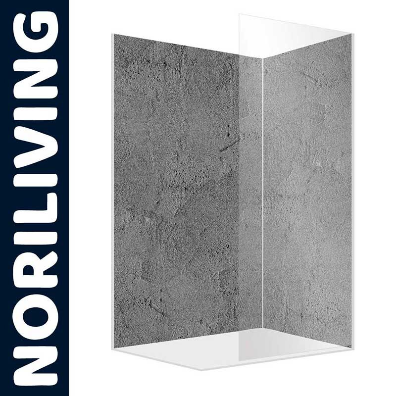 Eck-Duschwand aus Glas in Betonoptik, Marke NORILIVING