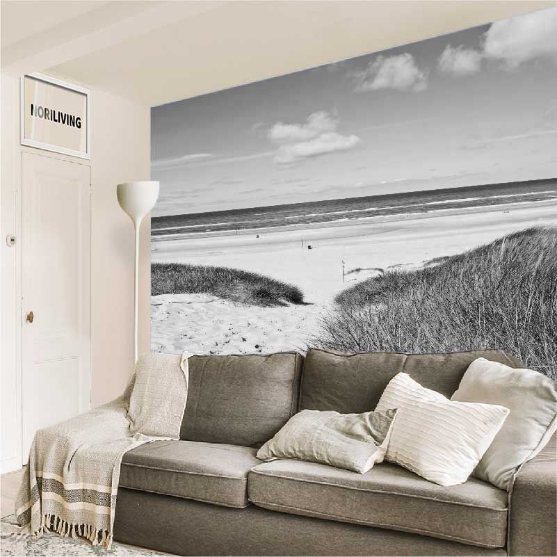 im Wohnzimmer eingebaute Wohnzimmerrückwand mit Motiv Dünen Gras Strand 789 schwarz-weiß