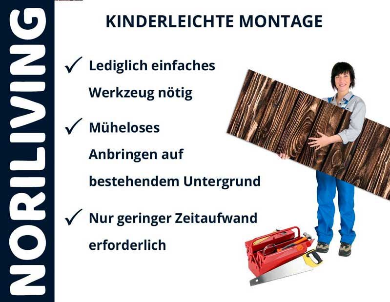 Person zeigt einfache Montage einer Holzverkleidung mit minimalem Werkzeug von NORILIVING