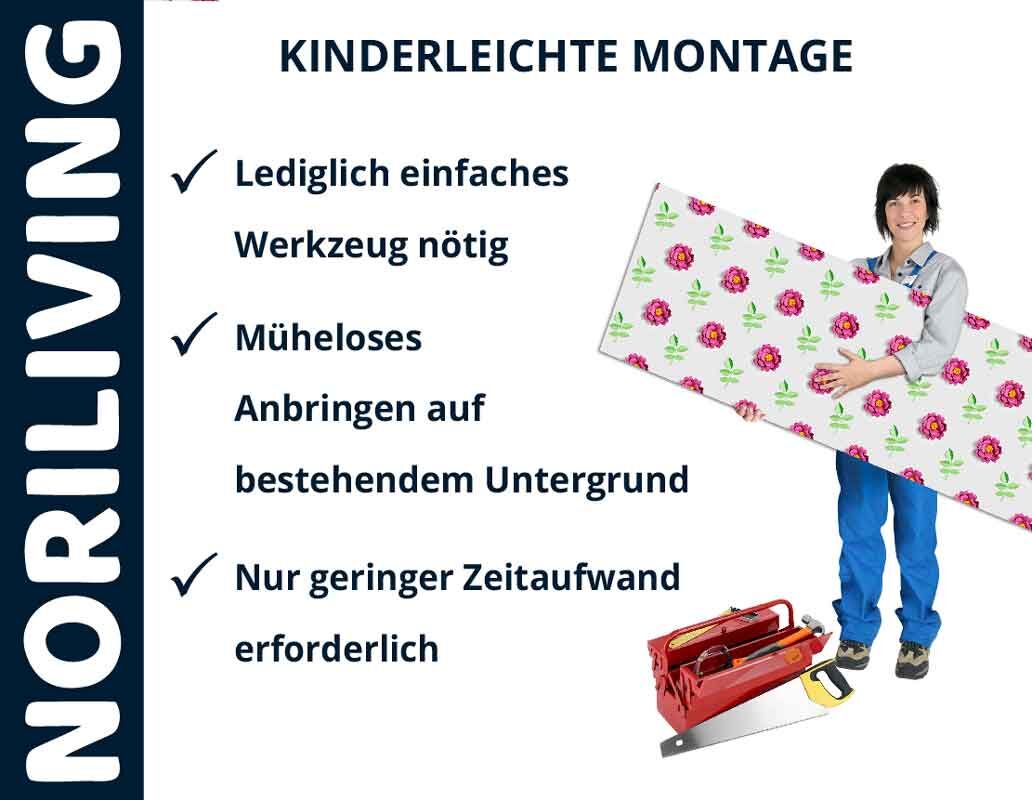 Person trägt dekorative Platte, Text: Kinderleichte Montage, einfaches Werkzeug nötig, müheloses Anbringen, geringer Zeitaufwand.