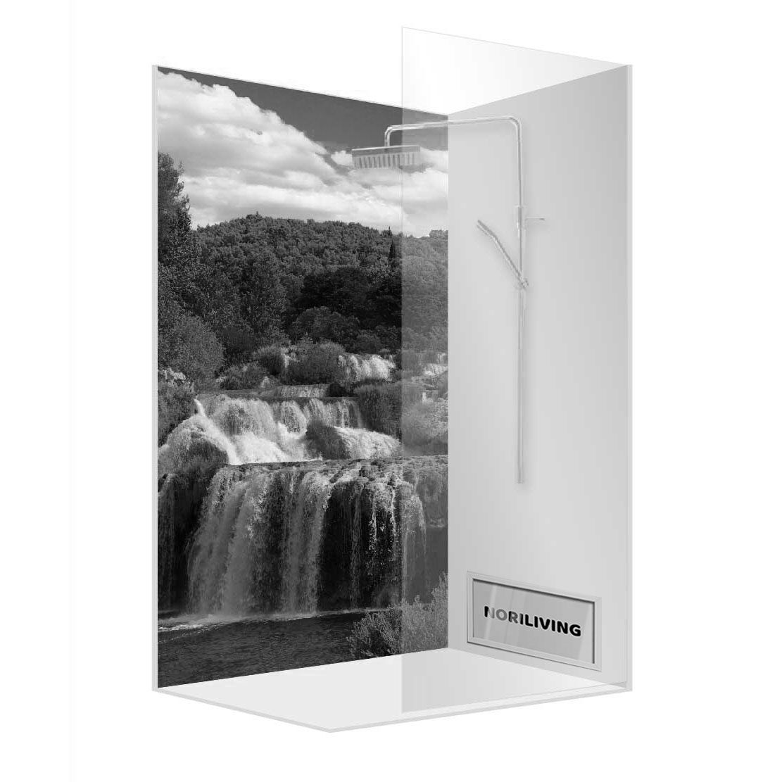 Abbildung einer Einzel-Duschrückwand mit Motiv Krka Wasserfall Kroatien 385 schwarz-weiß