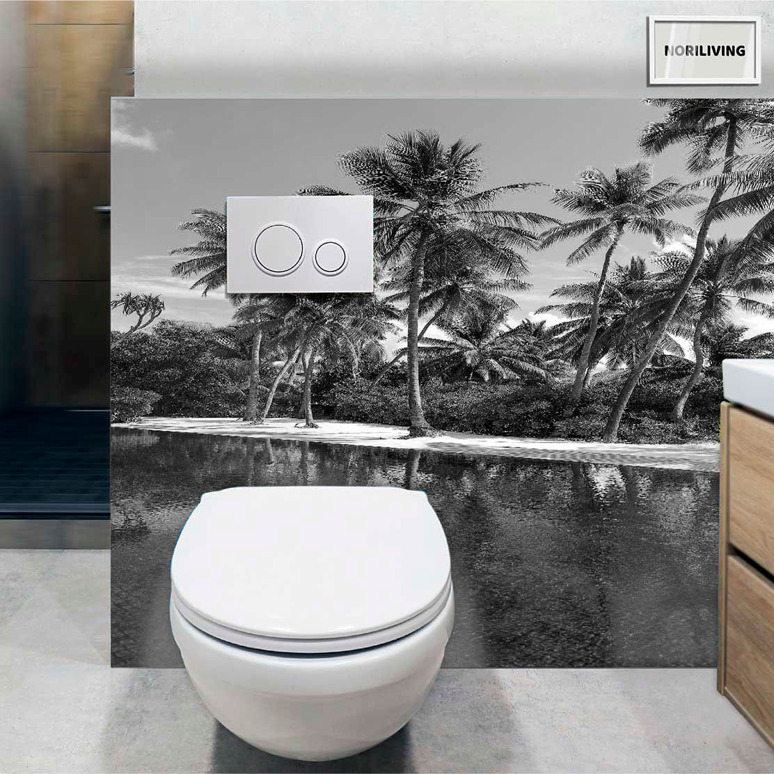 im WC eingebaute Toilettenrückwand mit Motiv Kokospalmen am Pool 966 schwarz-weiß