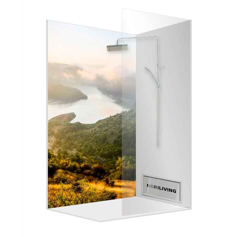 Moderne Duschrückwand mit Landschaftsbild und Duscharmatur, Noriliving