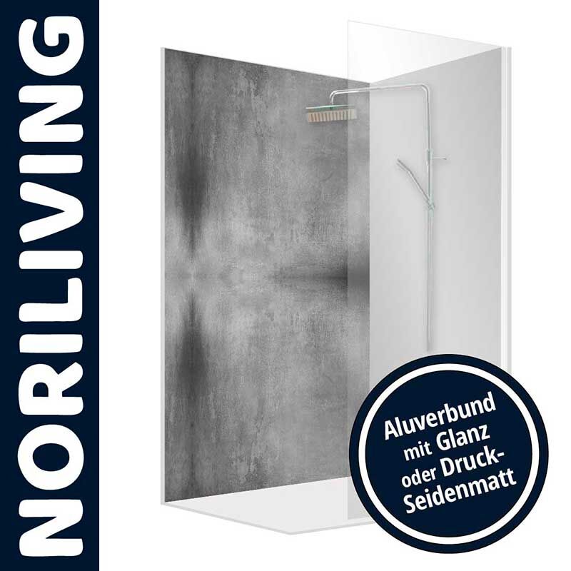 Duschwand mit Betonoptik und glänzendem Aluverbund oder druck-seidenmatter Oberfläche von Noriliving