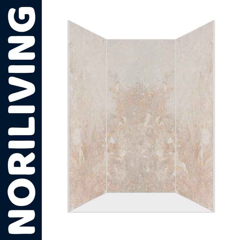 Wandverkleidung aus Marmoroptik mit Noriliving-Logo, ideal für stilvolles Interieur.