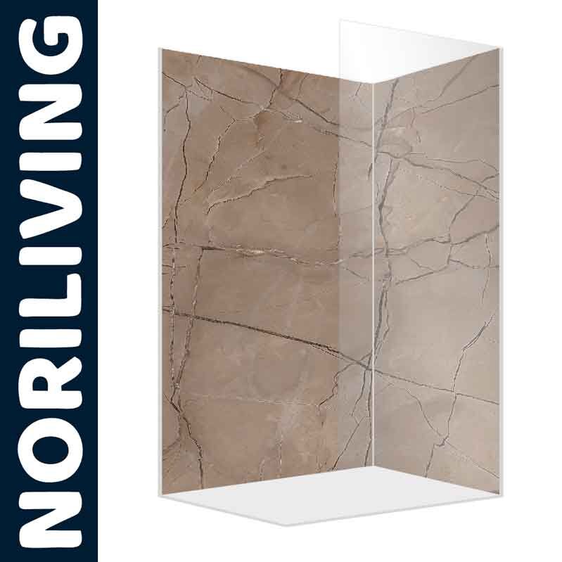 Eck-Duschkabine in Steinoptik mit NORILIVING-Logo