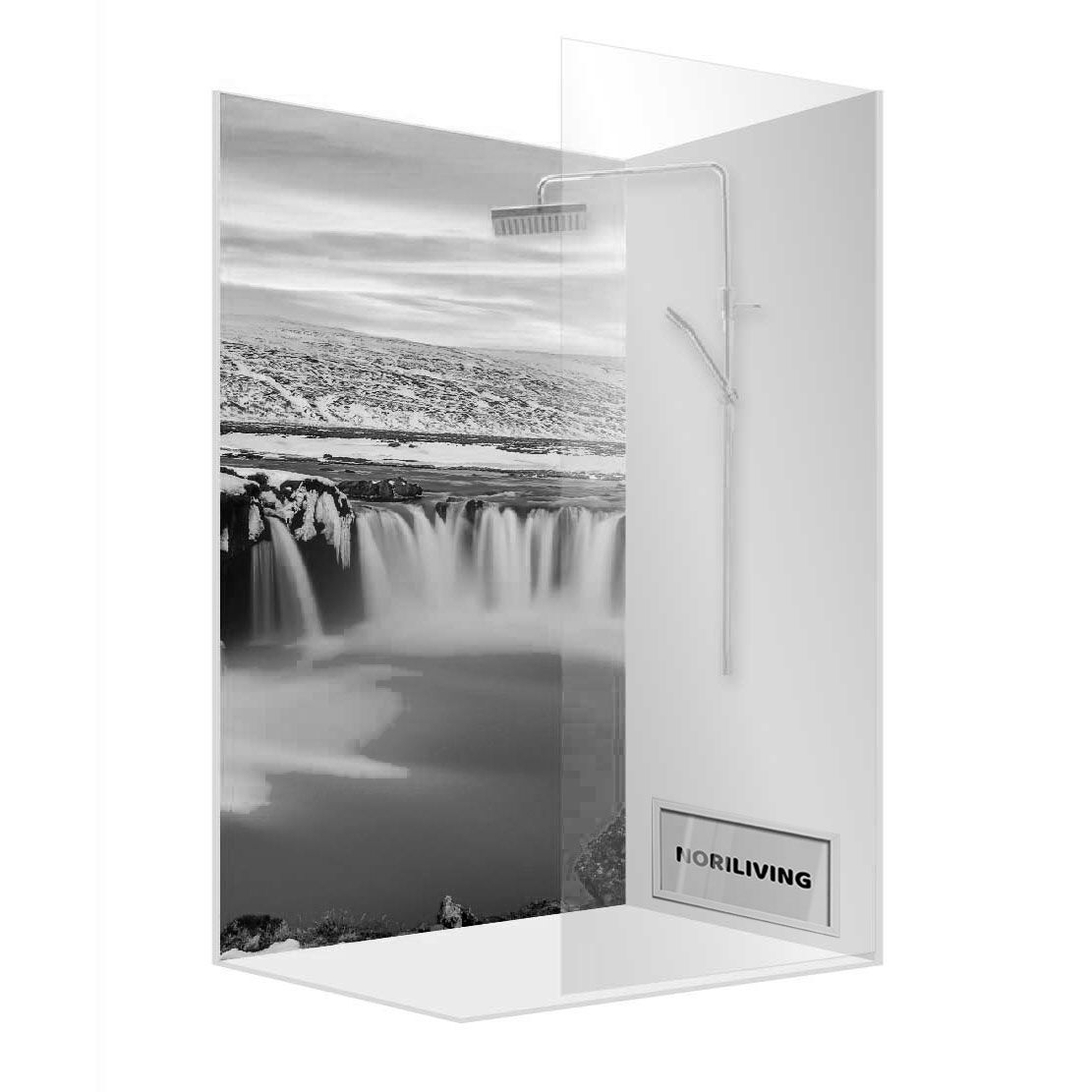 Abbildung einer Einzel-Duschrückwand mit Motiv Godafoss Wasserfall mit Sonnenuntergang Island 904 schwarz-weiß