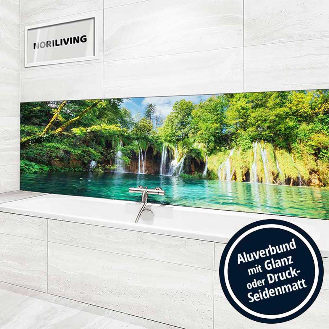 Ansicht des Badrückwand-Motivs Wasserfall im Nationalpark Plitvice Kroatien 621 Höhe zentriert