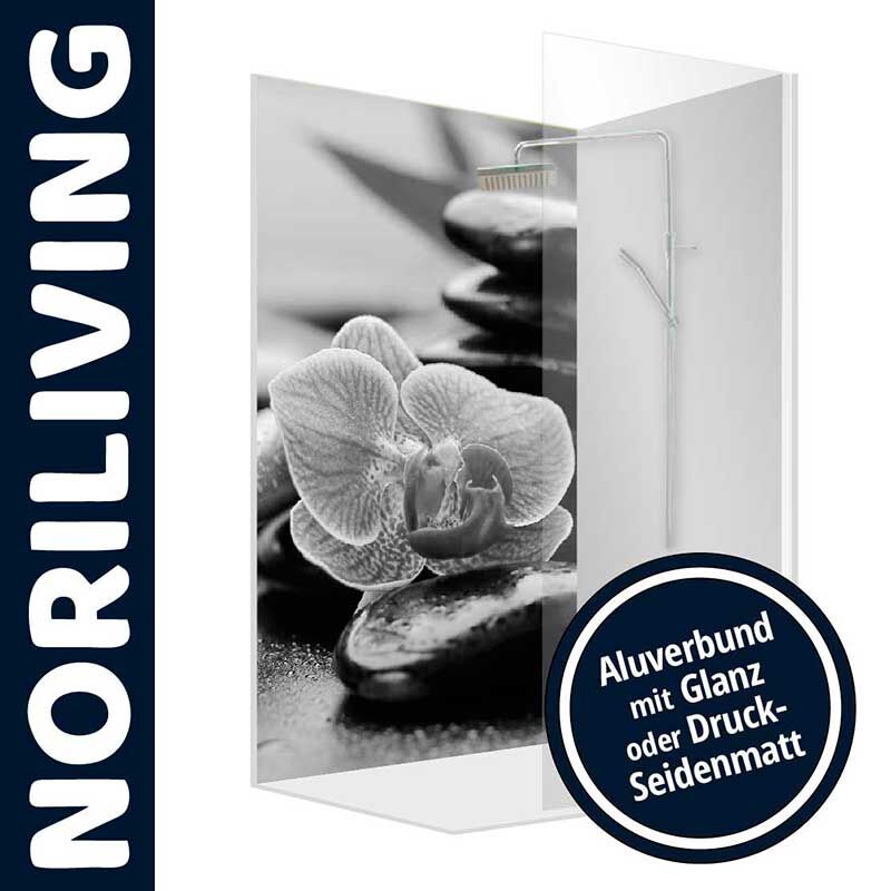 Dekorative Duschrückwand mit stilvollem Orchideenmotiv und Aluverbund-Ausführung