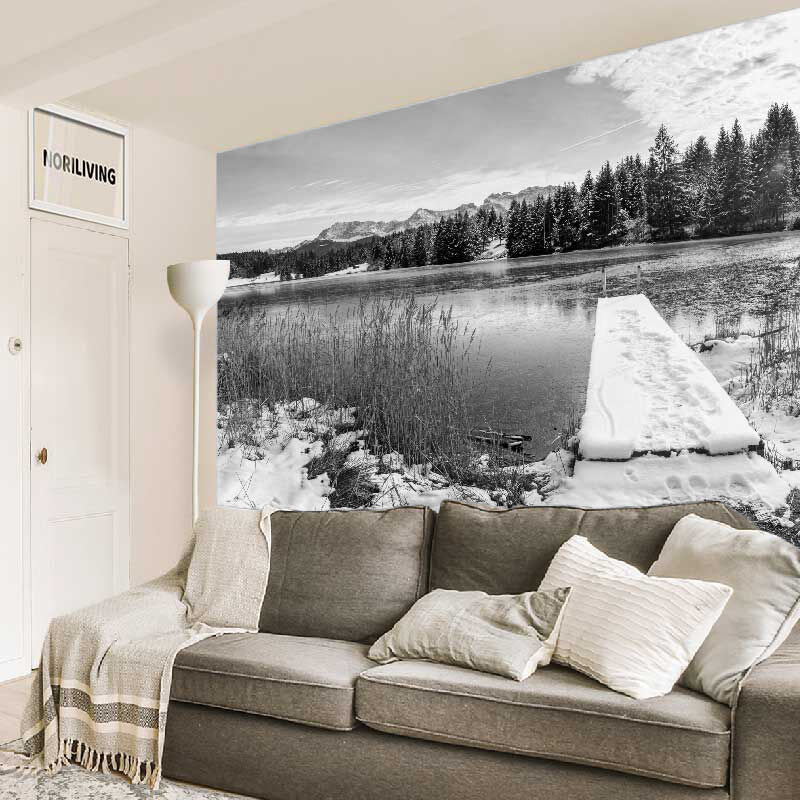 im Wohnzimmer eingebaute Wohnzimmerrückwand mit Motiv See im Winter 279 schwarz-weiß