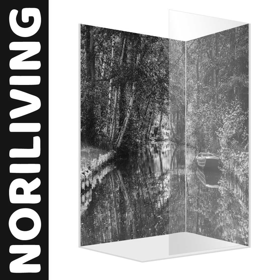 Abbildung einer Eck-Duschrückwand mit Motiv Wasserkanal im Biosphärenreservat Spreewald 011 schwarz-weiß