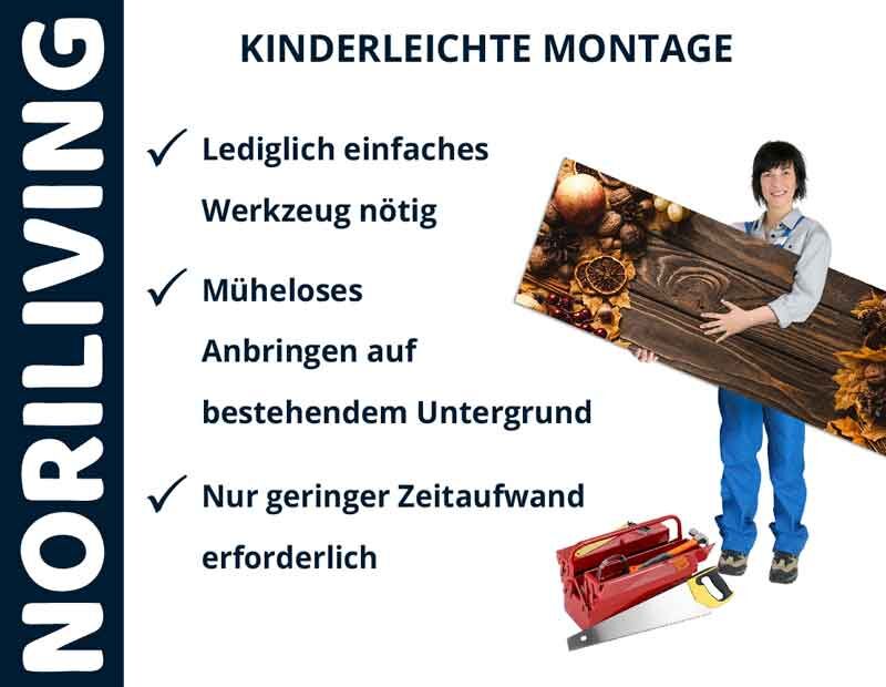 Person hält dekoratives Wandpaneel mit Anleitung zur einfachen Montage von NORILIVING Produkten, benötigt nur einfaches Werkzeug, müheloses Anbringen auf bestehendem Untergrund, geringer Zeitaufwand.