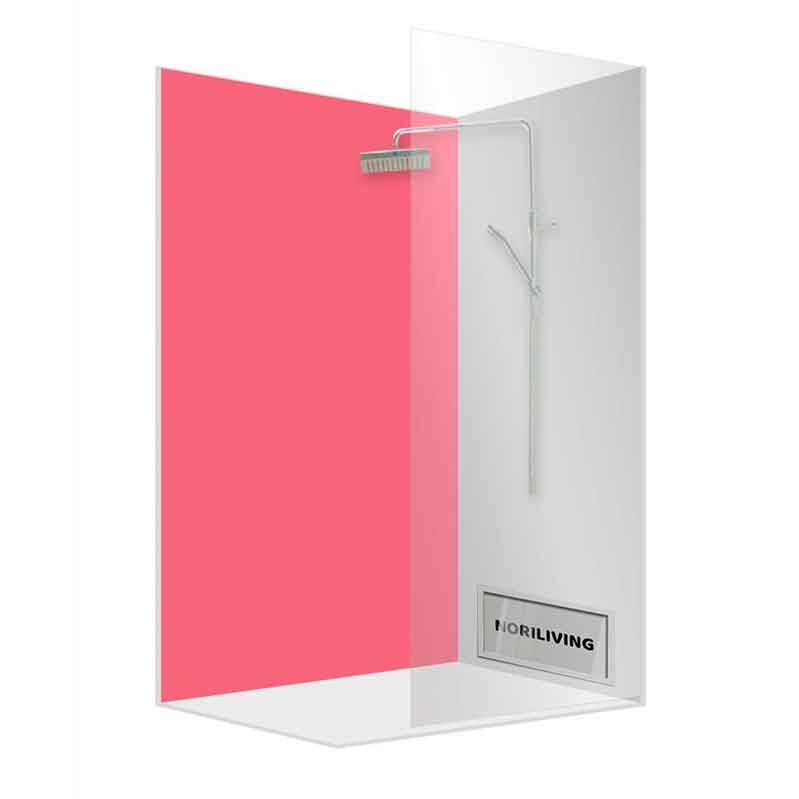 Stylische Duschkabine mit transparenten Türen und pinker Rückwand